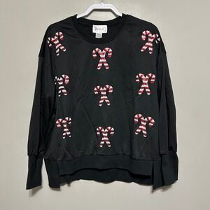 Top It Off Black Sequin Candy Cane Holiday Christmas Sweatshirt M/L Winter Cozy